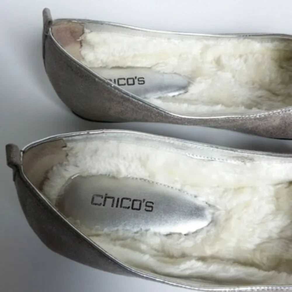 Chico's Glitter Faux Fur Lined Bow Front Flats Silver 9.5